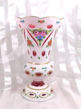 White over Pink Cut to Clear Vase with Flowers # 26629